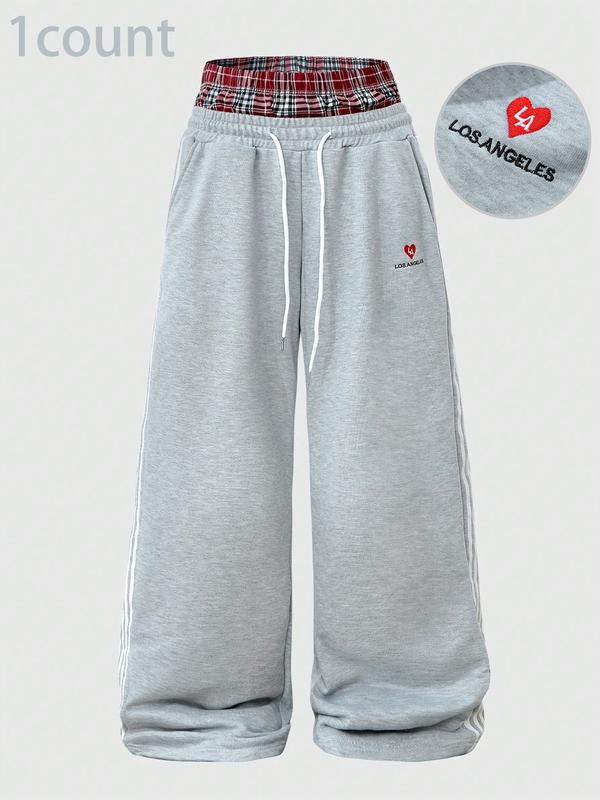 Cozy Gray Wide-Leg Sweatpants w/ Plaid Waist & LA Heart Embroidery 💕 | Trendy Streetwear Vibes | Comfy Baggy Fit + Side Stripes | Perfect for Casual OOTDs #SweatpantsInspo #TikTokFashion #CozyFit #LAstyle
