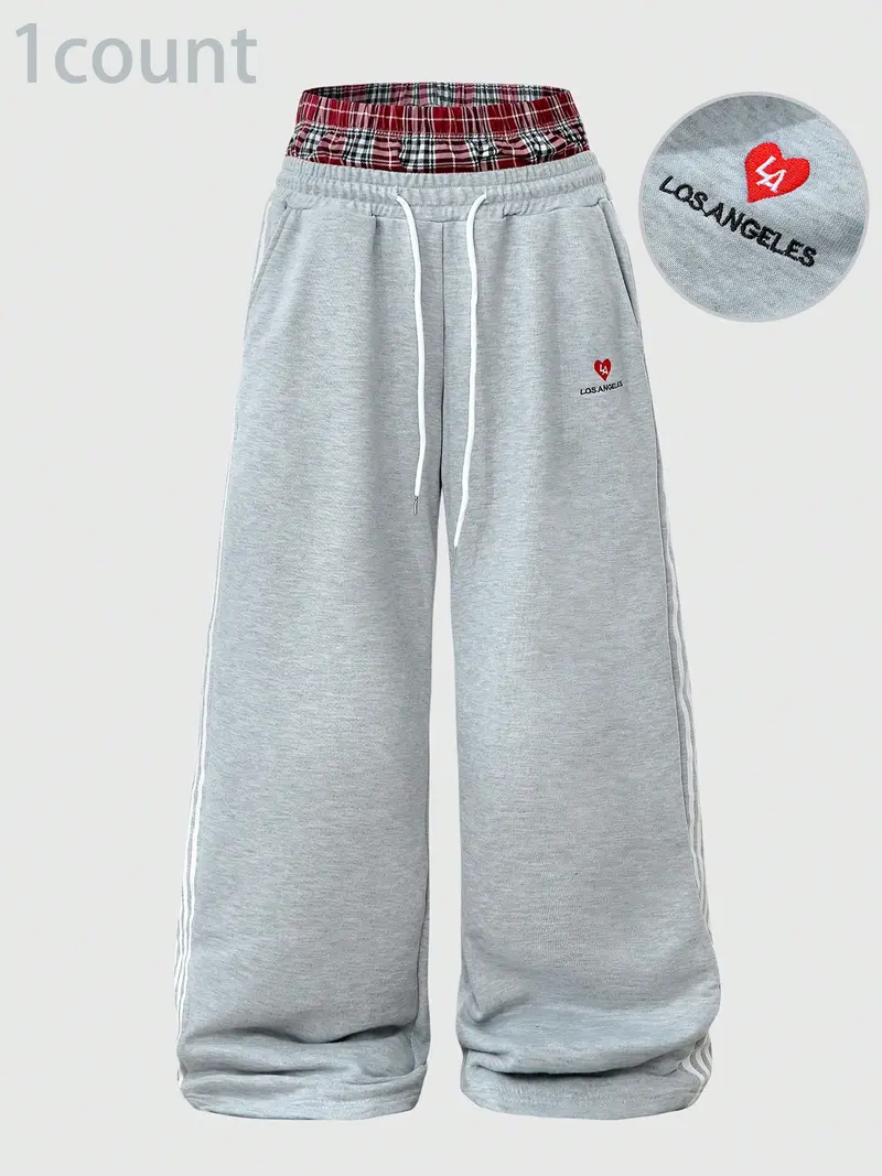 Cozy Gray Wide-Leg Sweatpants w/ Plaid Waist & LA Heart Embroidery 💕 | Trendy Streetwear Vibes | Comfy Baggy Fit + Side Stripes | Perfect for Casual OOTDs #SweatpantsInspo #TikTokFashion #CozyFit #LAstyle
