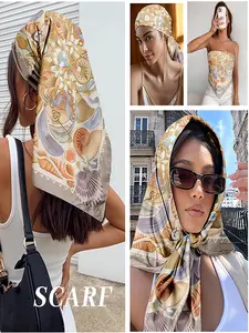 Nautical Seashell Starfish Print Square Scarf - Beachy Satin Bandana for Women, Versatile Hair Wrap/Neck Scarf/Bag Accessory, Ideal for Summer Beach Vacation & Coastal Festival Fashion