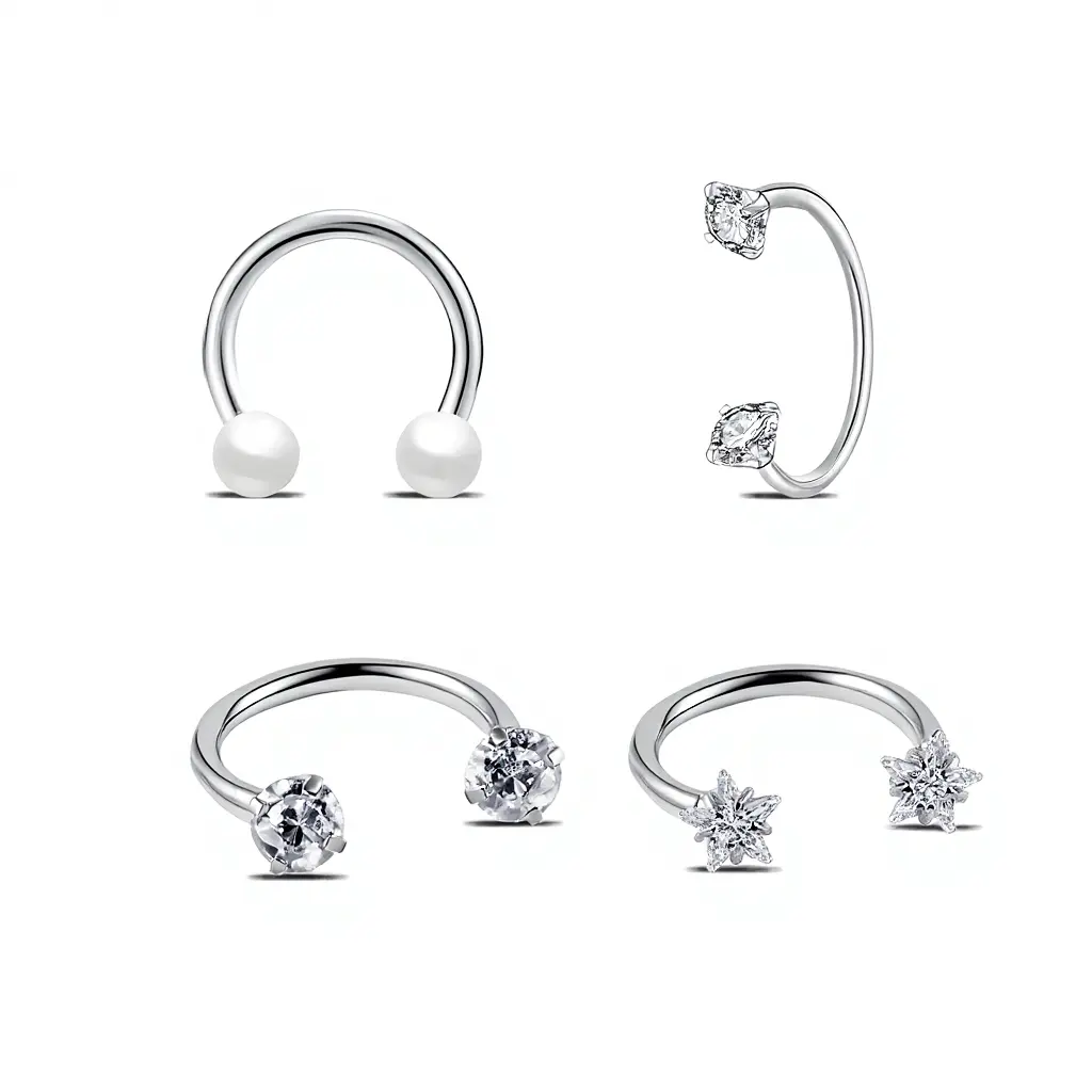 HERVAY 16G/8MM Hypoallergenic Stainless Steel Nose Horseshoes Ring - Simple Style With Pearl & Crystal Accents - Rook/Helix/Daith Compatible - Unisex Fashionable Punk Piercing Jewelry