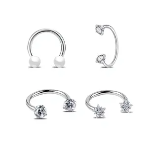 HERVAY 16G/8MM Hypoallergenic Stainless Steel Nose Horseshoes Ring - Simple Style With Pearl & Crystal Accents - Rook/Helix/Daith Compatible - Unisex Fashionable Punk Piercing Jewelry