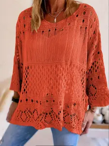 Women's Plus Size Fall Winter Hollow Out Round Neck Knit Top, Casual Elegant Vacation Style, Loose Batwing Shoulders, Long Sleeve