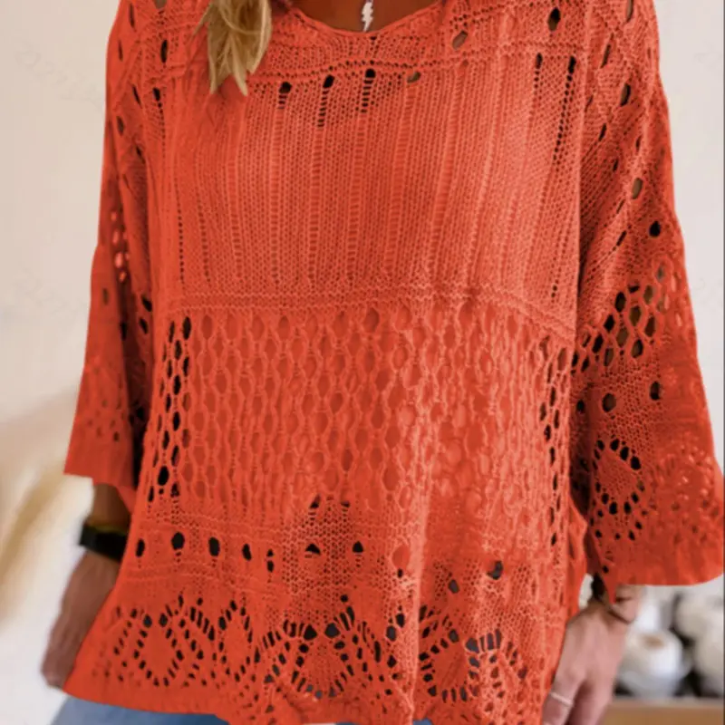 Plus Size Women's Summer Hollow Out Round Neck Knit Top, Oversized, Casual Elegant Vacation Style, Loose Oversize Batwing Shoulder, Spring Summer Wear, Sweater Knitwear