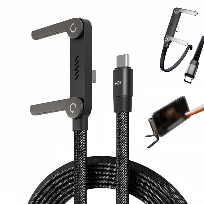 2-in-1 Combo Foldable Invisible Mobile Phone Stand & 240W Super Fast Charging Type-C Cable Charger, Portable Hidden Holder Cord with Connector for Gaming, Travel, Black Universal Cell Phone Accessory