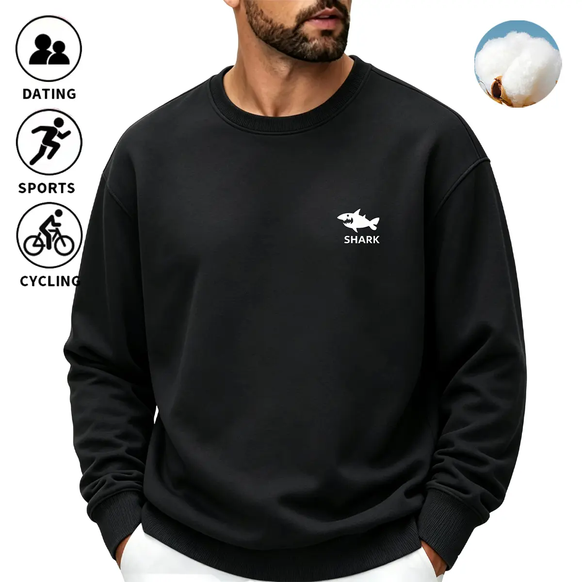 Men’s cotton crewneck sweatshirt for autumn/winter, featuring a stylish print on the chest and fleece lining for warmth. Long sleeves offer a casual athletic look; suitable for wearing alone or layered in fall/winter.