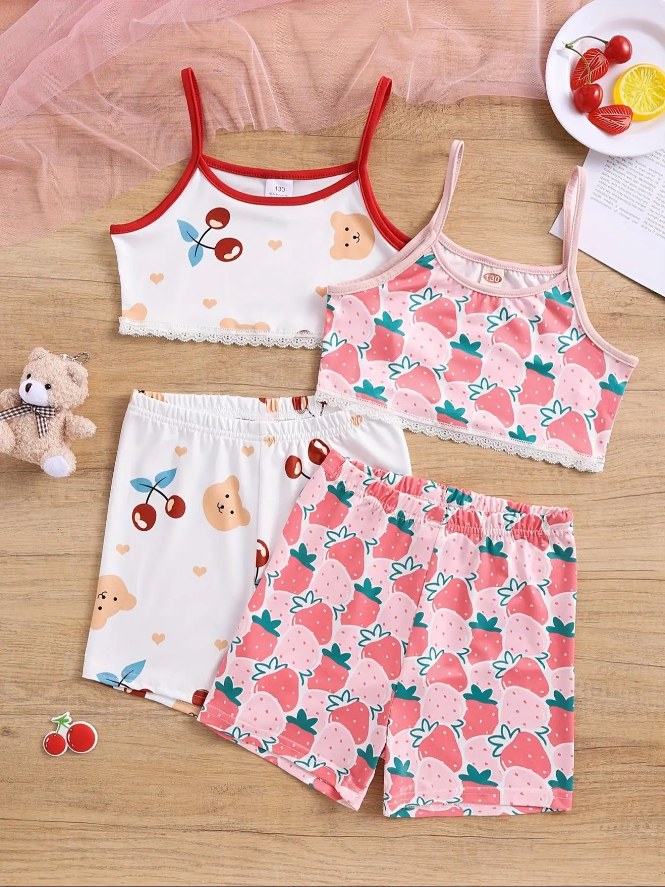 Girl's Strawberry & Bear & Cherry Print Contrast Lace Crop Camisole & Elastic Waist Shorts Set, Cute Spaghetti Strap Crop Top & Shorts, Summer Outfits
