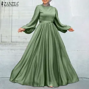 ZANZEA Women Muslim Dresses Islamic Clothing Kaftan Solid Robe Casual Loose Dress Full Sleeve Morocco Abaya Hijab Long Dresses