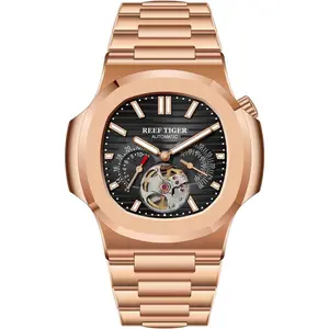 REEF TIGER Men's Fashion Square Watch Rose Gold Crystal Mechanical 24-Hour Tourbillon Waterproof Automatic Bracelet Watch RGA20S7