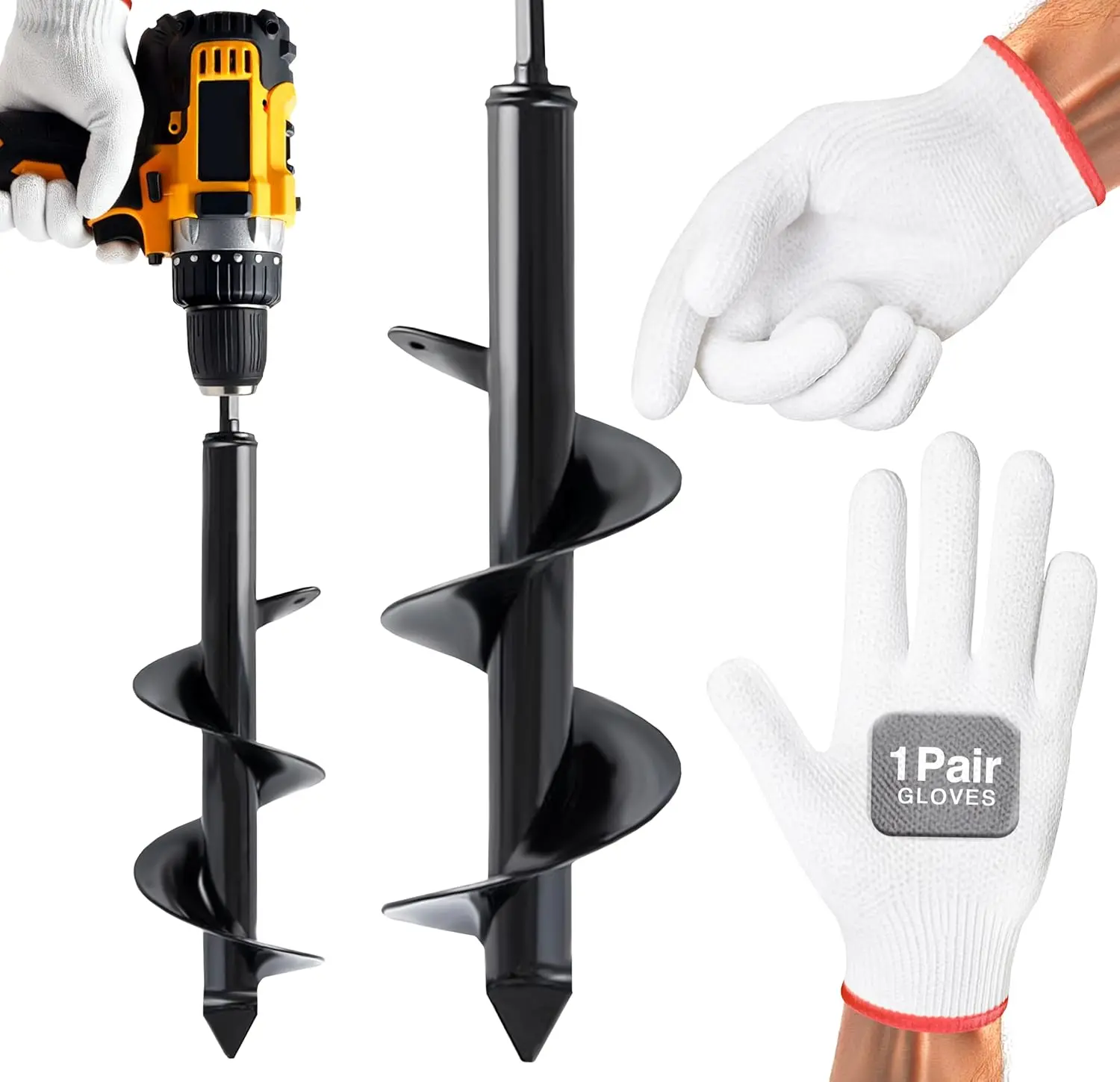 Post Hole Diggers, 1pk Auger Drill Bit for Planting with Gloves (4 x 12 Inch) - Heavy Duty Garden Spiral and Bulb Planter Tool for Digging Holes - Compatible with 3/8 Inch Hex Drive
