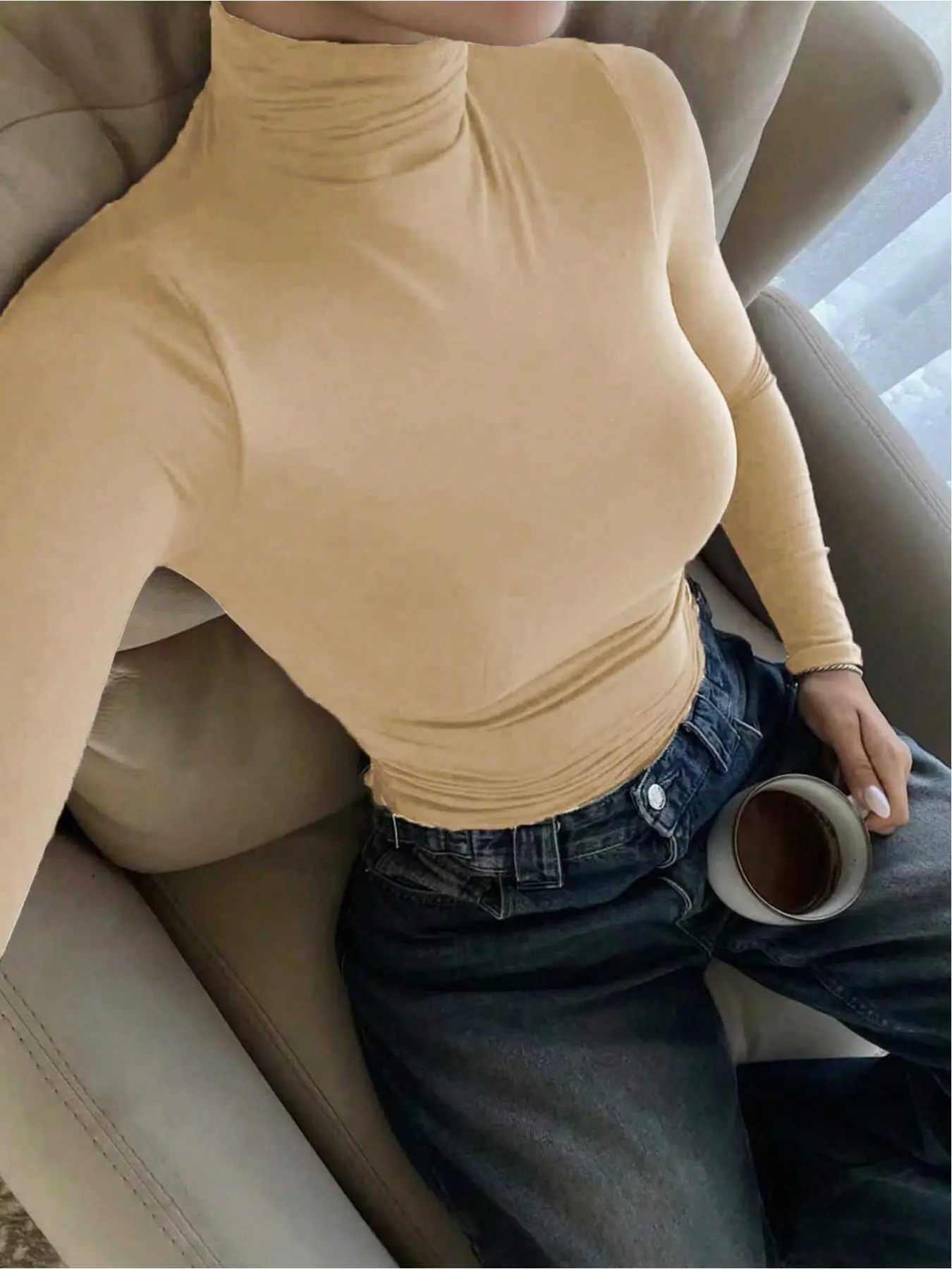 Basic and simple old money style casual everyday elegant autumn double-sided knit turtleneck High Neck long-sleeve base shirt women's T-shirt Fitted Knitwear Casual Comfy Top Casual Knitting Top