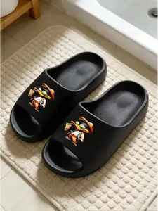Trendy Milk Tea Duck Print Sandals, American Street Style, Medium Width Eva Sole, All-Season Comfortable Slippers