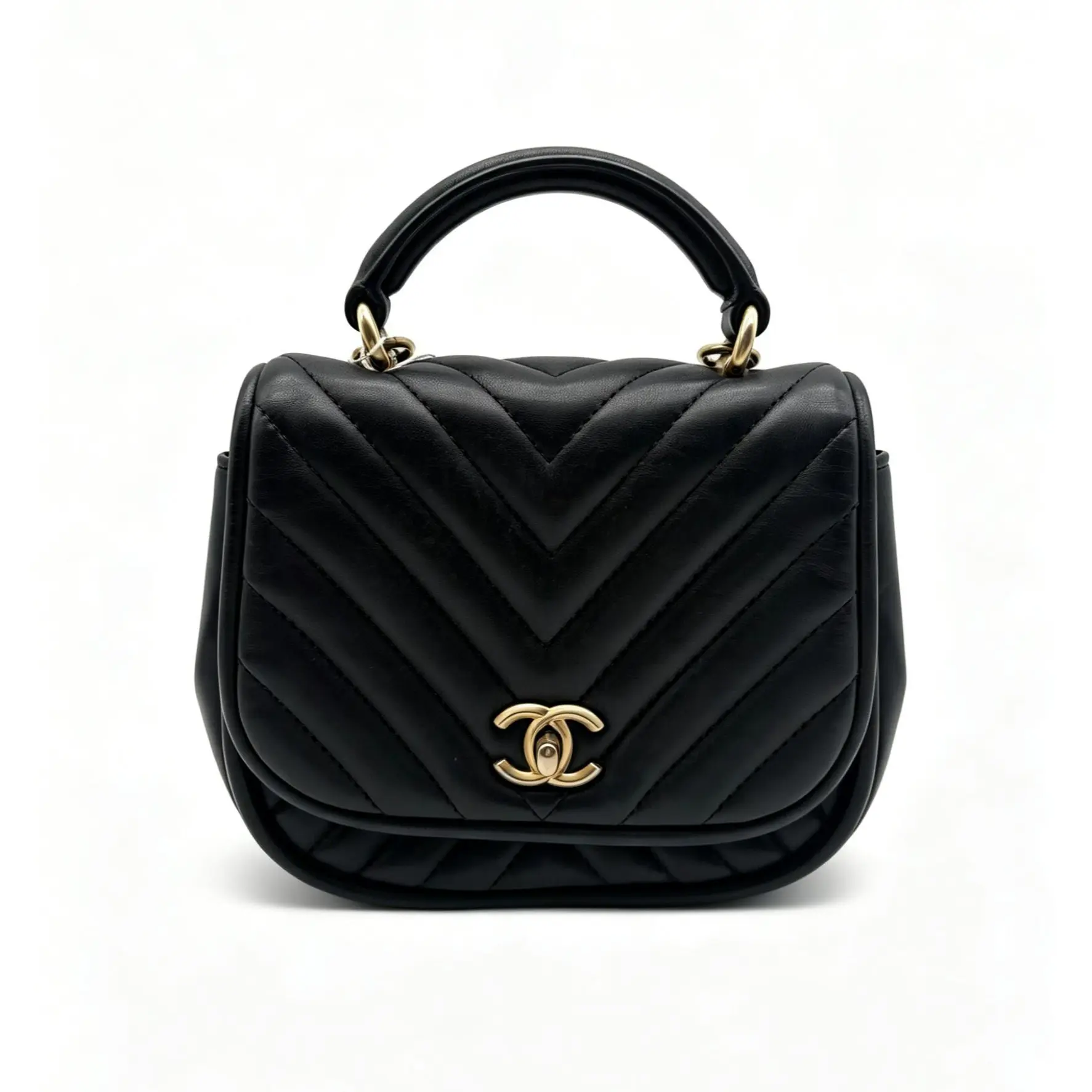 Pre-owned CHANEL Black Gold V Pattern Saddle Handbag 17*7.5*14cm th260411141