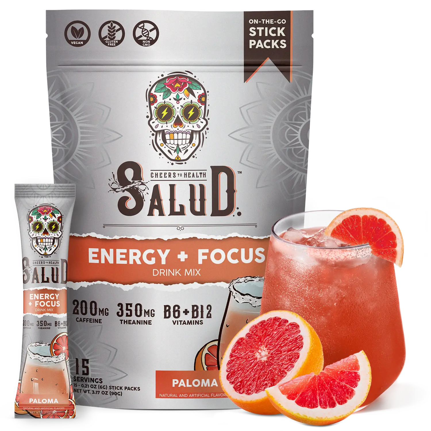 Salud 2-in-1 Energy Drink Powder + Focus, Paloma, Organic Caffeine, B6 & B12, L-Theanine, Vegan, Non-GMO, Gluten Free Beverage Sugar 90g - Dietary, He