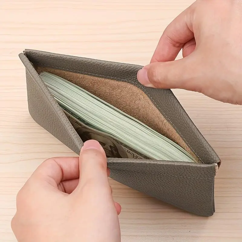 Soft Leather Minimalist Card Wallet, Card Cash Holder, Auto-Close Design, Large Capacity for Cash, Coins, Ids, Earphones, Data Cables, Multi-Functional Portable Organizer