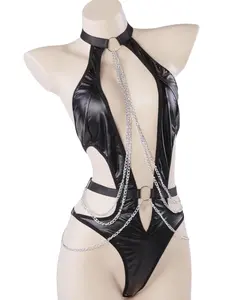 Women's Solid Color Chain Decor Harness Belt Bodysuit, Fashion Chic Sexy PU Leather Bodysuit for Nightclub Music Festival, Women's Lingerie for All Seasons, Womenswear