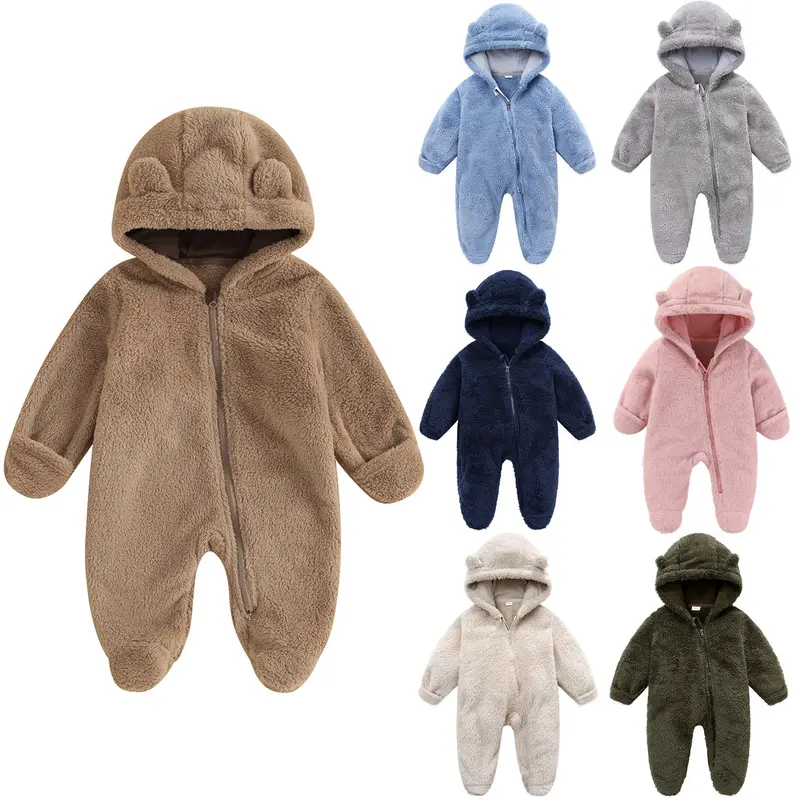 Newborn Baby Boys Girls Bear Ear Fleece Jumpsuits Outfit Long Sleeve Hooded Romper Winter Warm Snowsuit Clothes