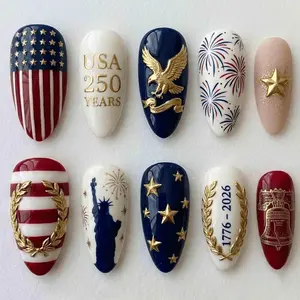 Handmade USA 250th Press On Nails | Gold Eagle, Statue of Liberty, Liberty Bell & Fireworks | Almond Nails for Patriotic Vibe