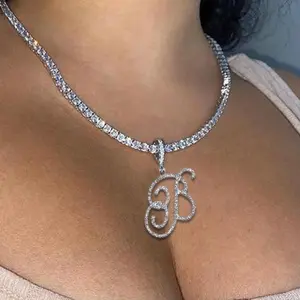 A-Z Cursive Letter Rhinestone Tennis Chain Necklace For Women Bling Iced Out Initial Pendant Necklace Hip Hop Jewelry