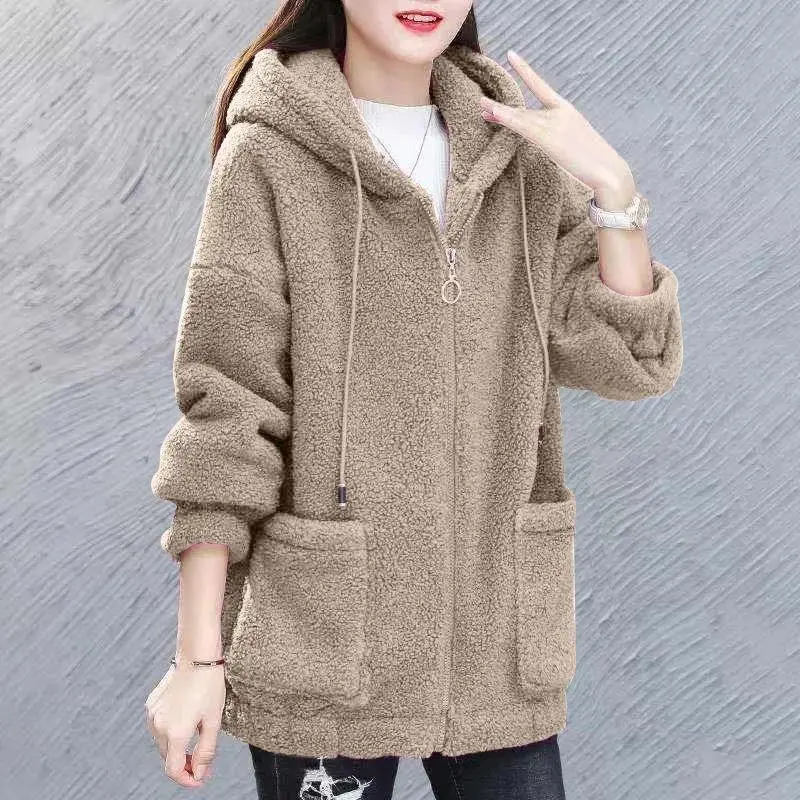 Women's Plus Size Oversized Sherpa Jacket - Zip-Up Hooded Fuzzy Fleece Longsleeve Casual Pockets Outwear, Baggy Basic, Fits 3XL-5XL, Outdoor Sports Use, Cold Machine Washable, Hang Dry, Comfy Gift Idea, Oversized Jacket