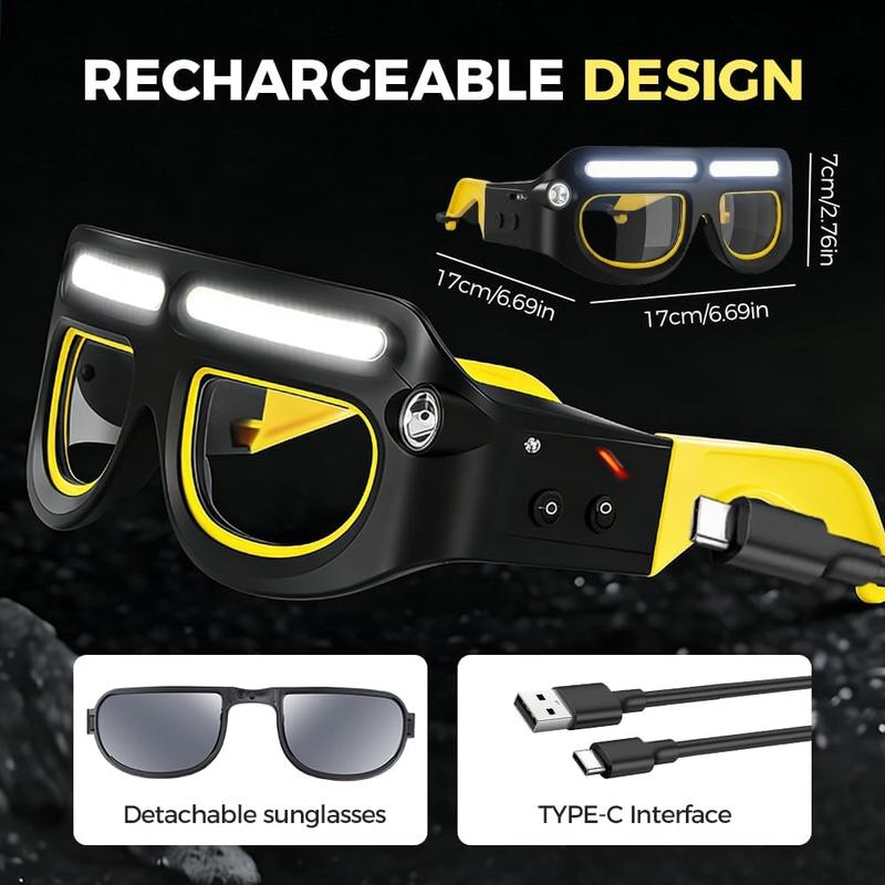 LED Headlamp Glasses with Clip-on Sunglasses - Rechargeable Hands-Free Light for Camping, Fishing & Repairs