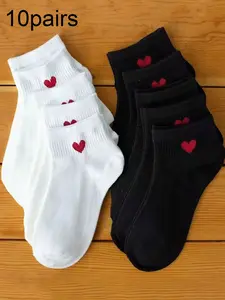 10 pairs of women's heart-shaped white socks, Japanese style couple socks with a casual and trendy style, Soft Breathable Comfy Socks