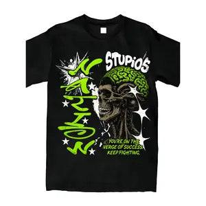 Men's street style printed T-shirt - Pure cotton loose fit, neon green and black urban art design - Soft and breathable round neck short sleeve