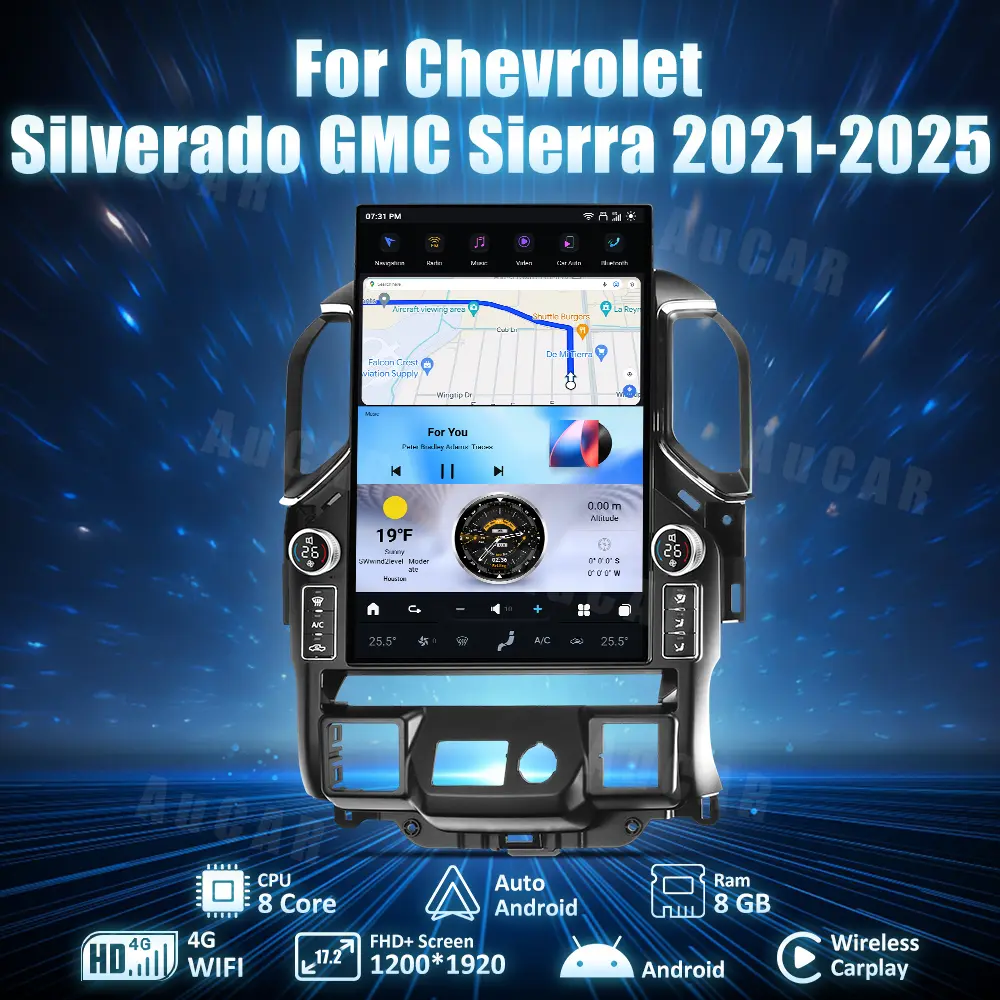 AuCar Android 14 Tesla Style Head Unit with LED Knobs Car Radio GPS Navigation for Chevrolet Silverado GMC Sierra 2019-2025