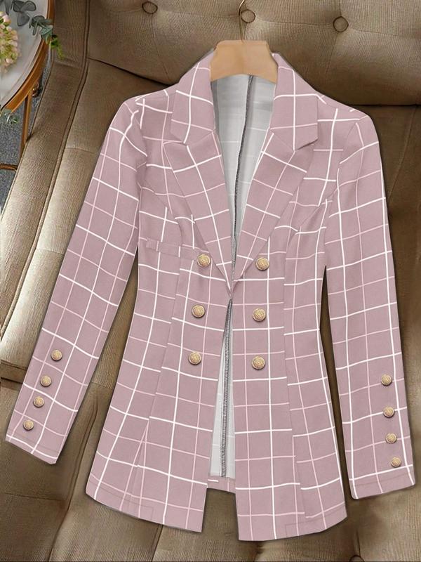 Women's Plaid Gold Button Casual Blazer Jacket, Elegant Simple Design, Office Party Autumn Winter Wear, Fitted Woven Fabric
