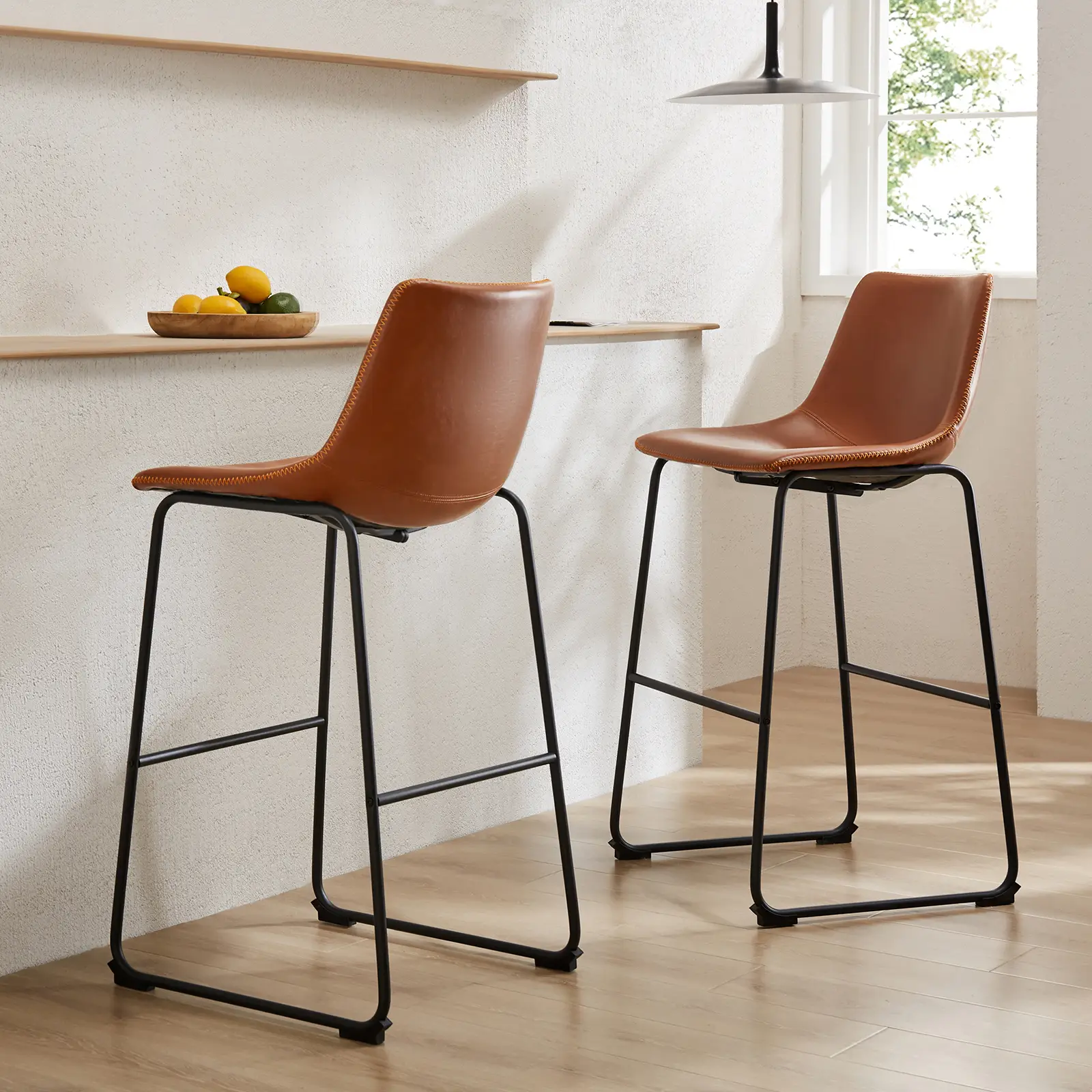 Counter Height Bar Stools with Back, Armless Chairs with Metal Legs and Footrest - Waterproof Leather