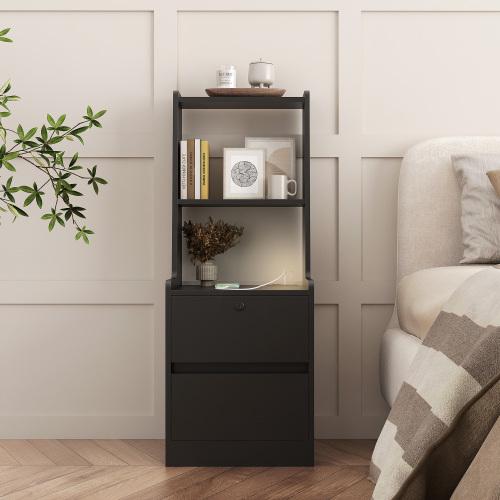 Modern Smart Nightstand with Night Light & Charging Station, Night Stand with Bookshelf, Lockable Bedside Cabinet Tables with 2 Storage Drawers for Bedroom Home Office (Black)