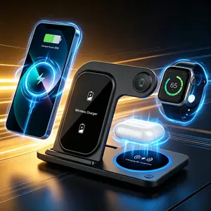 Ultra-slim 3-in-1 charging station with a 15W wireless fast-charging pad; supports Type-C charging; enables fast charging for phones, watches, and earbuds; features overheating protection; foldable design