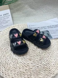 Girls' Heart Decor Sandals, Thick Sole Anti-Slip Dual Strap, Multi-Color Summer Outdoor Beach Shoes, Comfortable for Daily Use, Slide On Sandals