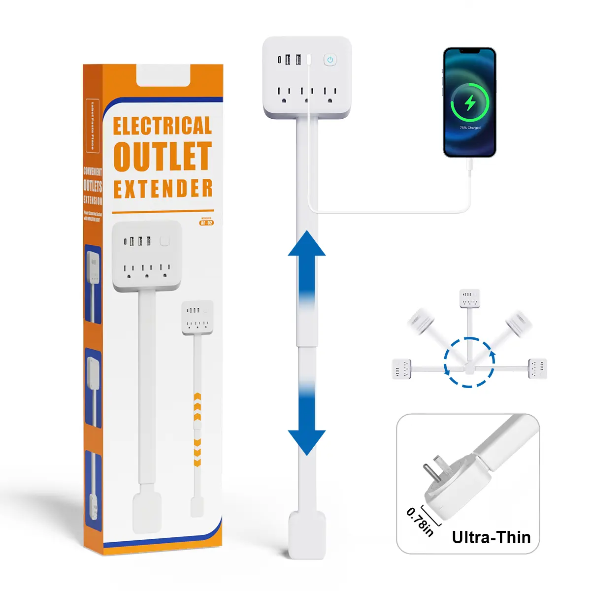 [New]Outlet Extender Stick for Behind Couch Outlets, 17.52"–25.6" Extendable Electrical Outlet Extender with Rotating Flat Plug,Hook & Loop Mounting—Power Socket Expander with Safety Switch & Surge Protection, 3 AC Outlets, 3 USB-A+1 USB-C Multiple outlet