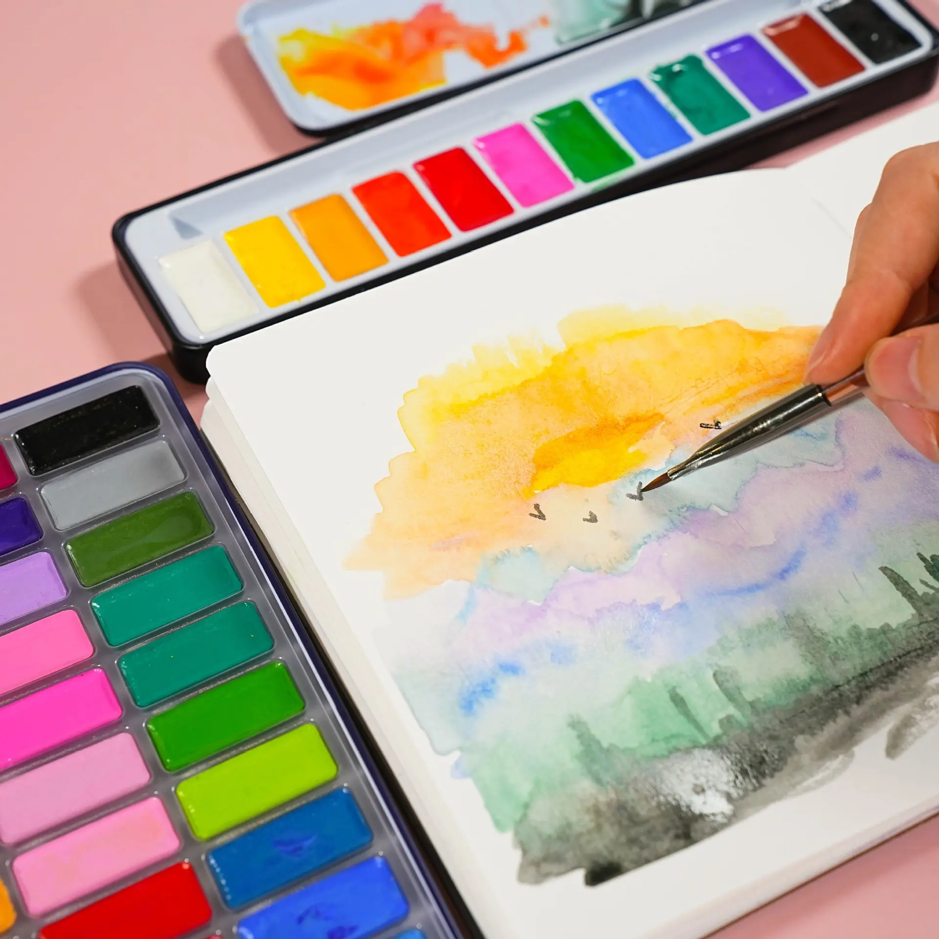 Premium Solid Watercolor Paints Kit 12/24/36 Colors, Durable Quality Portable Travel Drawing Set with Brushes for Outdoors & Artistic Expression, Artist Supplies, Artist Materials