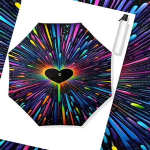 Women's Rainbow Heart Umbrella, Lightweight Foldable Design, Silver Color Handle, Upf 50+ Protection, Ideal for Sunny Days