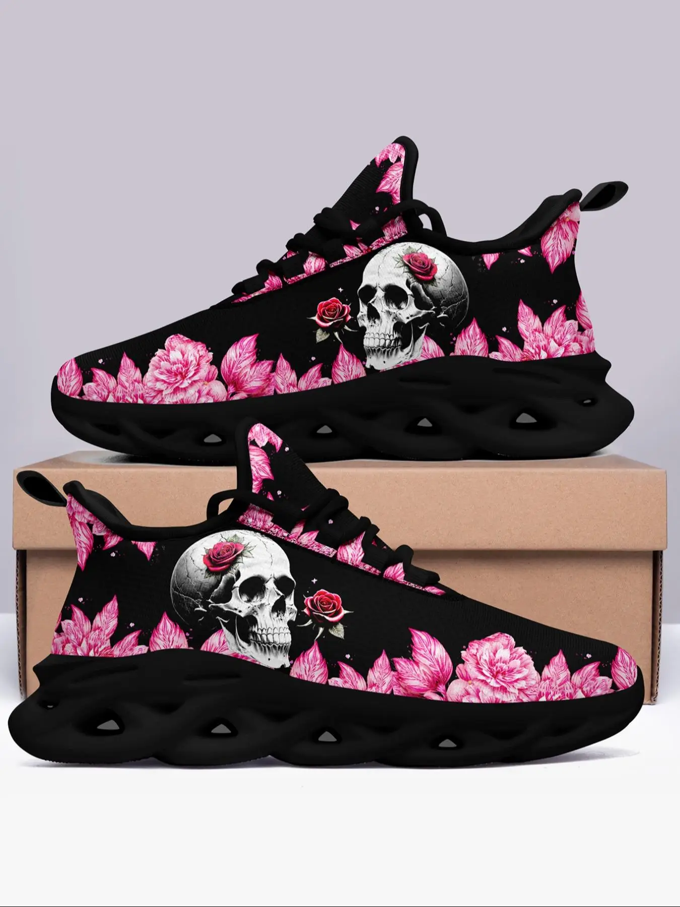 Women's Floral Skull Print Lace up Low Top Mesh Sneakers, Casual Sporty Running Shoes for Daily Wear, Ventilate Hollow out Soles Walking Shoes