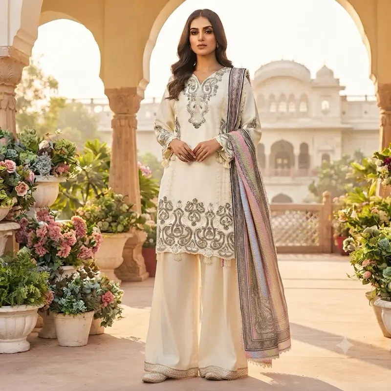 Women’s White Panjabi with Colorful Duppatta Traditional Clothing Long Sleeve Womenswear Casual Original Summer Dress Maxi