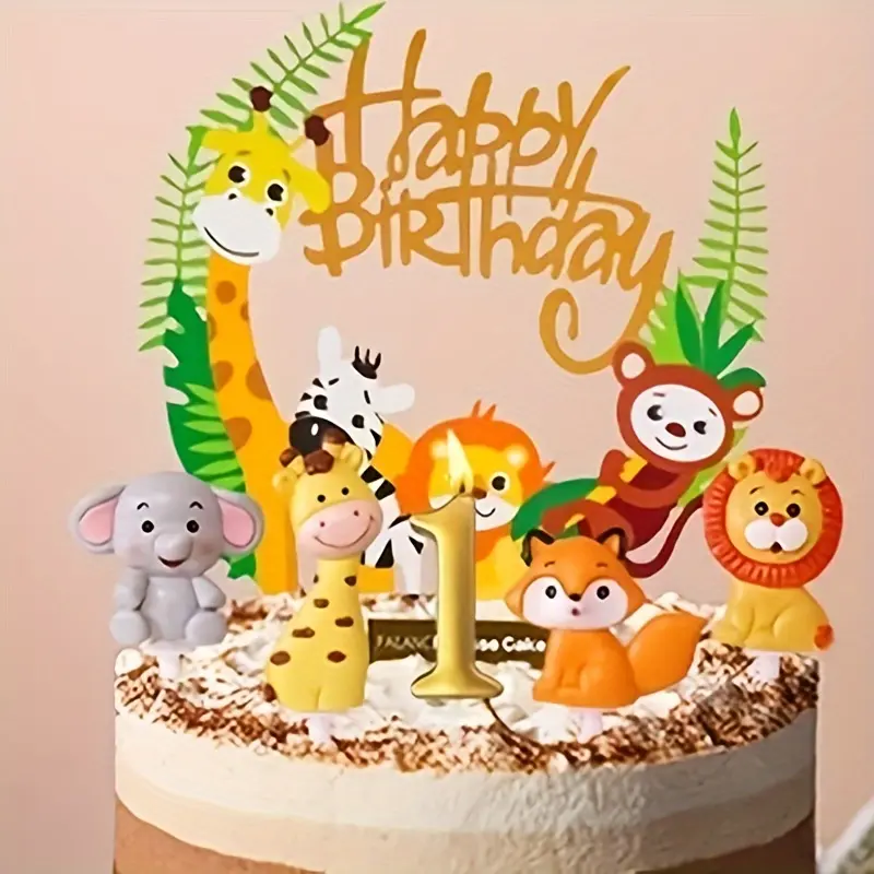 16 Pcs Zoo Jungle Cake Toppers - Forest Animal Adventure Fox Cake Decorating Supplies, Leaf Ornaments & Props for Kids' 1-Year-Old Birthday Celebrations