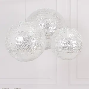 Set of 3 Glitter Silver Sequin Fabric Hanging Lanterns, Decorative Round Foldable Chinese Lantern Lampshades - 8",10",12"