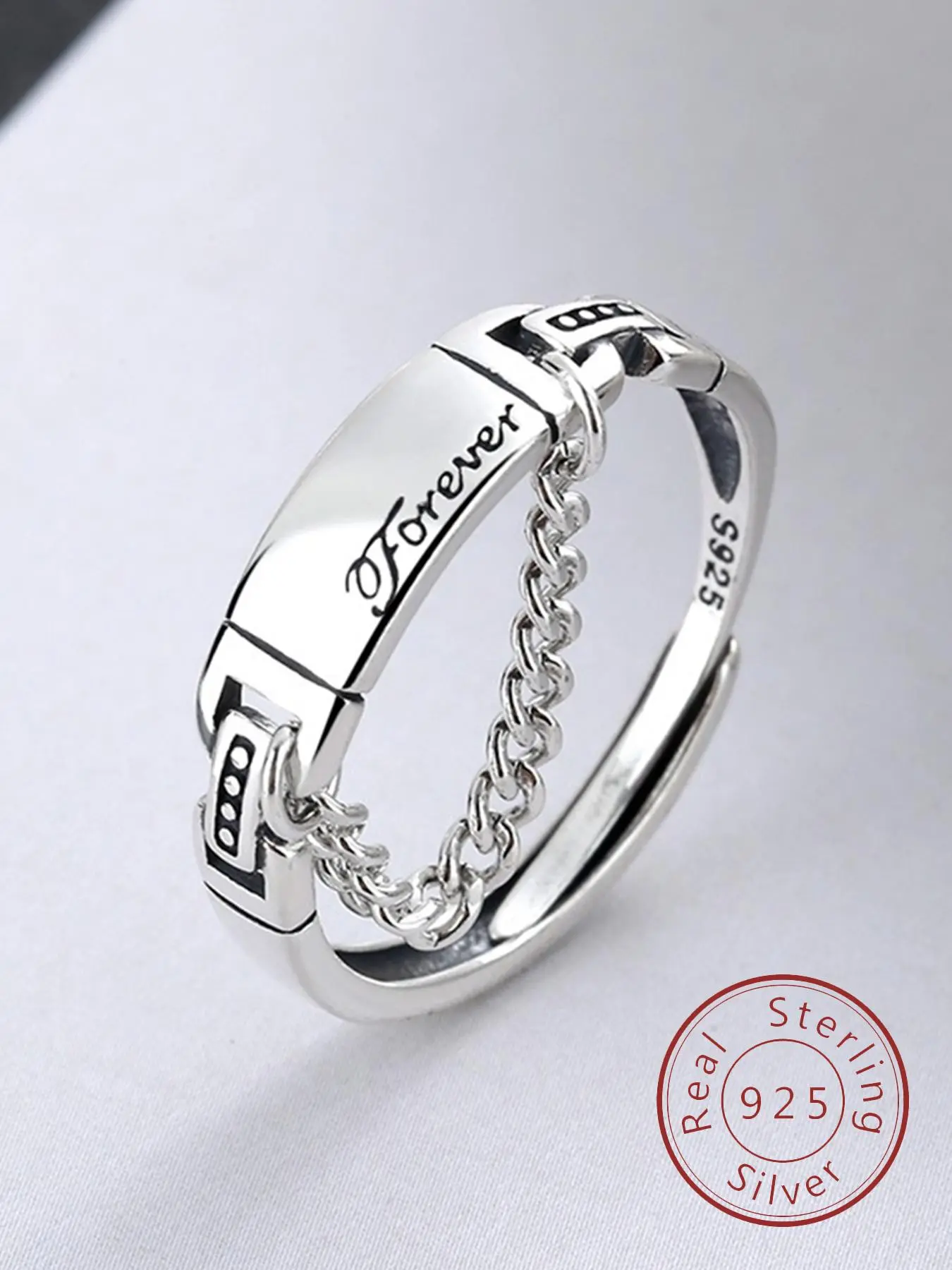 925 Sterling Silver Vintage Letter Chain Ring, Adjustable Open Ring, Engraved Ring, Fashion Jewelry Accessories for Women & Men