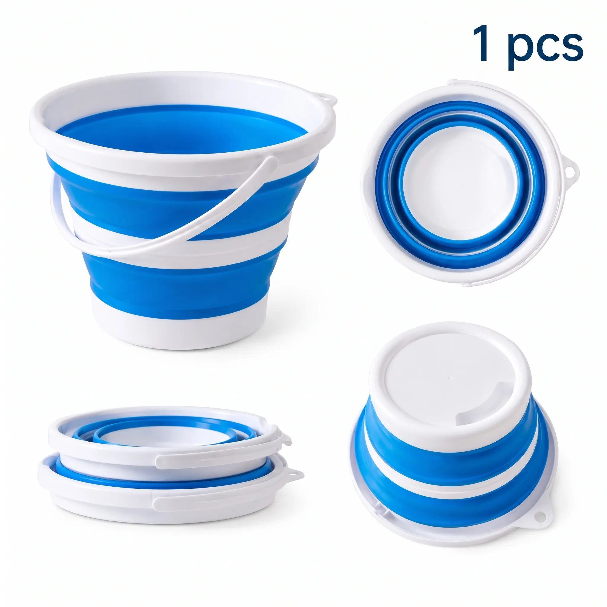 Portable Collapsible Bucket with Carry Handle - Space-Saving Foldable Water Pail for Cleaning, Camping, Home Use, Easy Storage, White & Blue, 1 PC