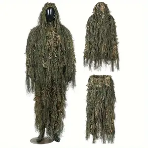 1 Jungle Ghillie Suit Set - 3D Bionic Leaf Camouflage, Polyester Hooded Jacket & Pants with Tassel Details, Fits 62-72" Height - Ideal for Hunting, Bird Watching & Cs Tactical Operations