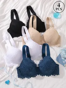 Ecomilky 4PCS Sexy Lace Women's Bustiers with Wide Shoulder Straps Elegant Floral Pattern Comfortable Support Steel Cup Form Non-detachable Pads Polyamide Bra Set