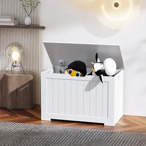 Segawe Durable Wooden Storage Chest Decorative with Safety Hinges Large 30-inch Storage Bench, Farmhouse Style Toy Box for Kids, White Organiser