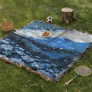 Multi Purpose Picnic Mat Yarn Woven with Tassel: Starflower Pattern, Soft and Breathable, Suitable for Travel Camping Lawns Weddings Concerts. Indoor Bohemian Decoration Machine Washed and Used As Bed Blanket Sofa Towel Tablecloth Tapestry
