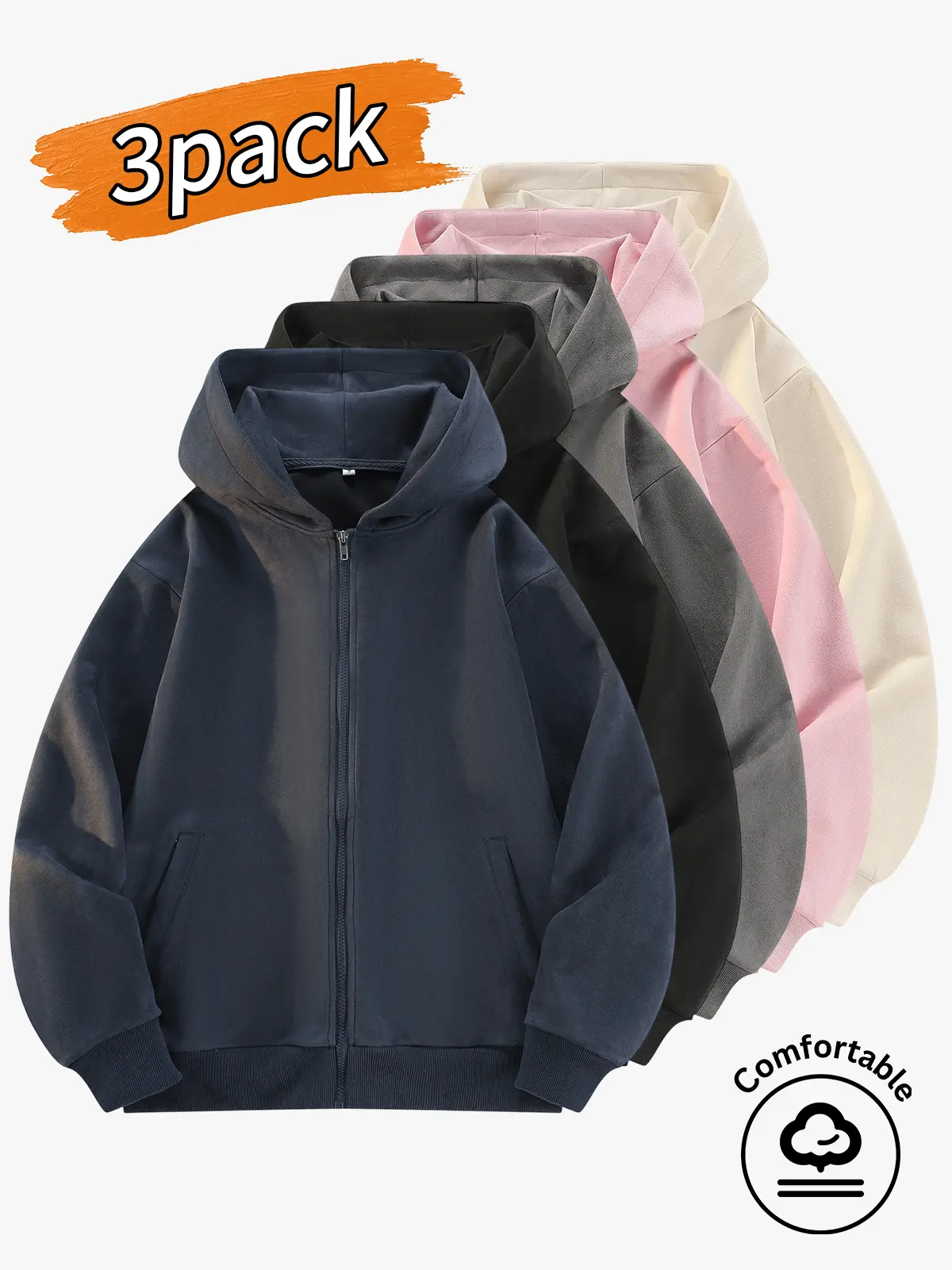 3-pack: men's tops, men's hooded cardigans, men's solid-color zip-up hoodies.Simple solid-color loose hoodie, a basic versatile casual top with ribbed cuffs at the sleeves and hem, offering moderate stretch and wind protection to keep you warm. Suitable f