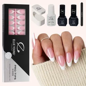 ELLIE YOUNG Pro-Tips Medium Almond White French Tips with Pink Base, 150pc Press-On Nails Kit – 15 Sizes, Matte Gel Acrylic Look, Soft Gel DIY Extensions