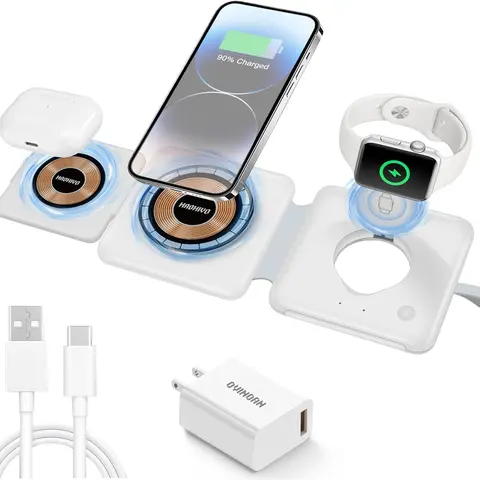 15W Portable 3-in-1 MagSafe Charger Cable - Compact Charging Station Charger, Foldable Smart Dock with Copper Alloy Coils, 2W Adapter for iPhone, iWatch, AirPods (White) | Mobile Phone Accessory