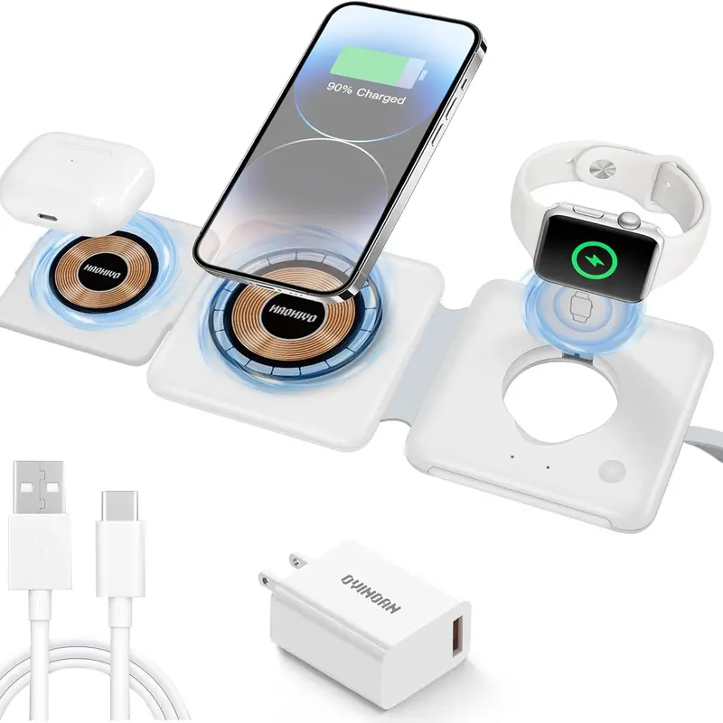 15W Portable 3-in-1 MagSafe Charger Cable - Compact Charging Station Charger, Foldable Smart Dock with Copper Alloy Coils, 2W Adapter for iPhone, iWatch, AirPods (White) | Mobile Phone Accessory