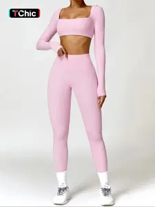 Women's Solid Long Sleeve Crop Top & High Waisted Yoga Bottoms Leggings Tracksuit Set, Sporty Quick-dry Outfits for Yoga Gym Workout Running, Ladies Skinny Sportswear Activewear for All Seasons